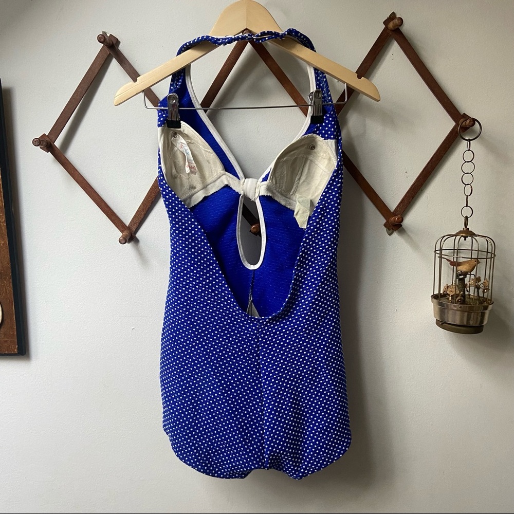 50s/60s Vtg Polka Dot One Piece Halter Swimsuit - Picture 7 of 7